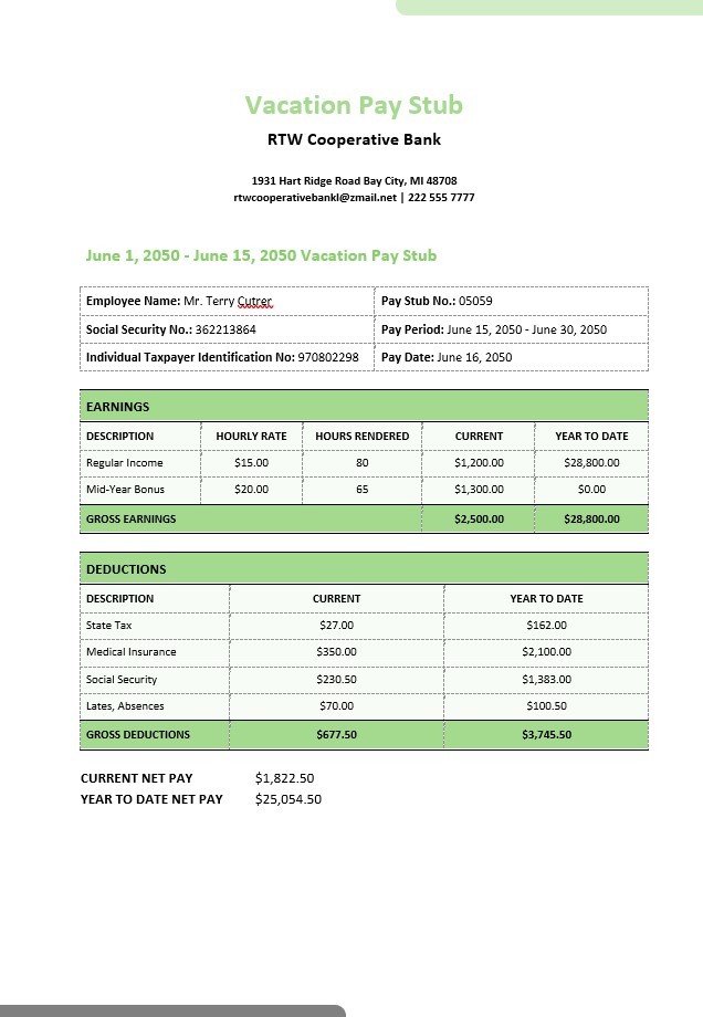 Download RTW Cooperative bank vacation  pay stub in PDf and Word formats Photoshop template